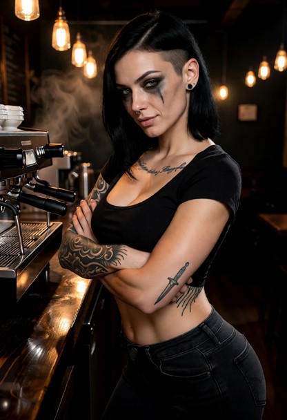 Location: dimly lit late-night cafe with dark wooden counters, polished surfaces reflecting the warm amber glow of ha…