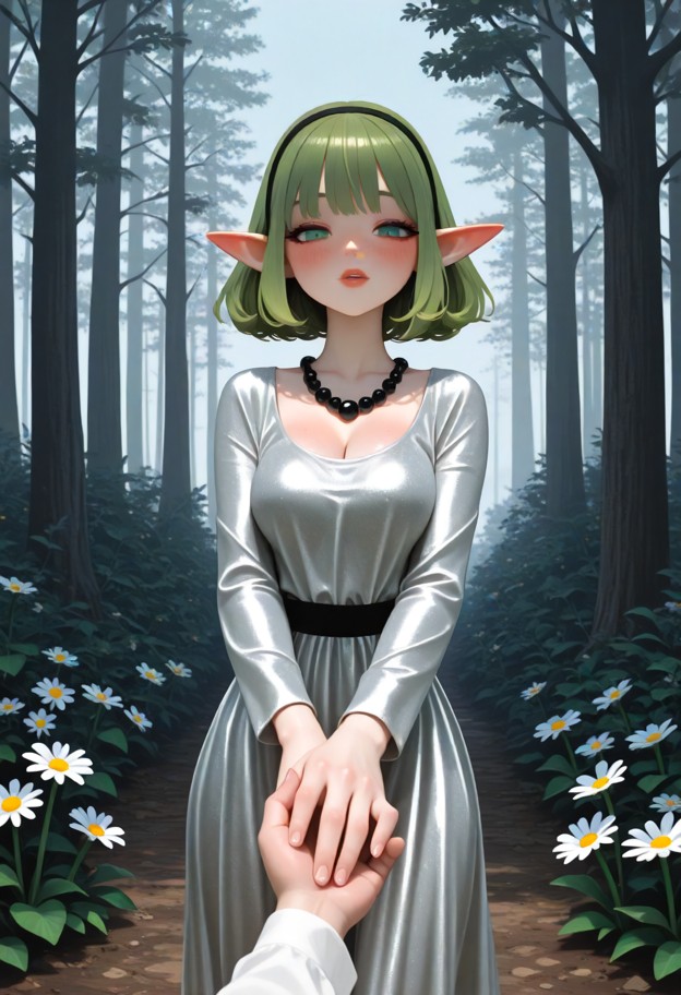 1girl(short hair),1guy,hand reaching out,holding hands,walking away,long silver gown,black pearl necklesses,forest,wo…