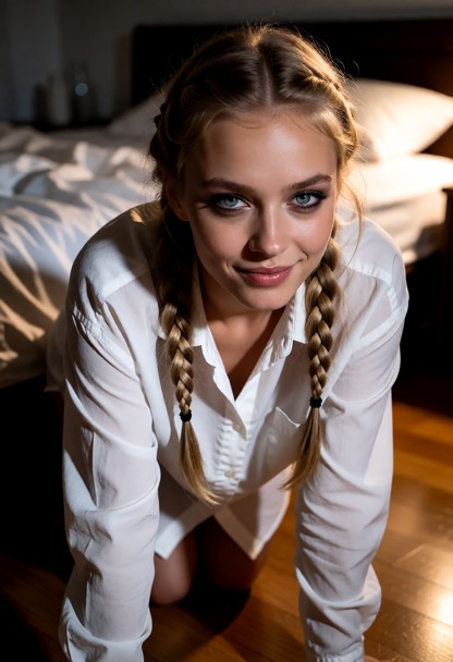 Location: evening in a dimly lit bedroom with soft shadows stretching across the unmade bed and warm ambient light re…