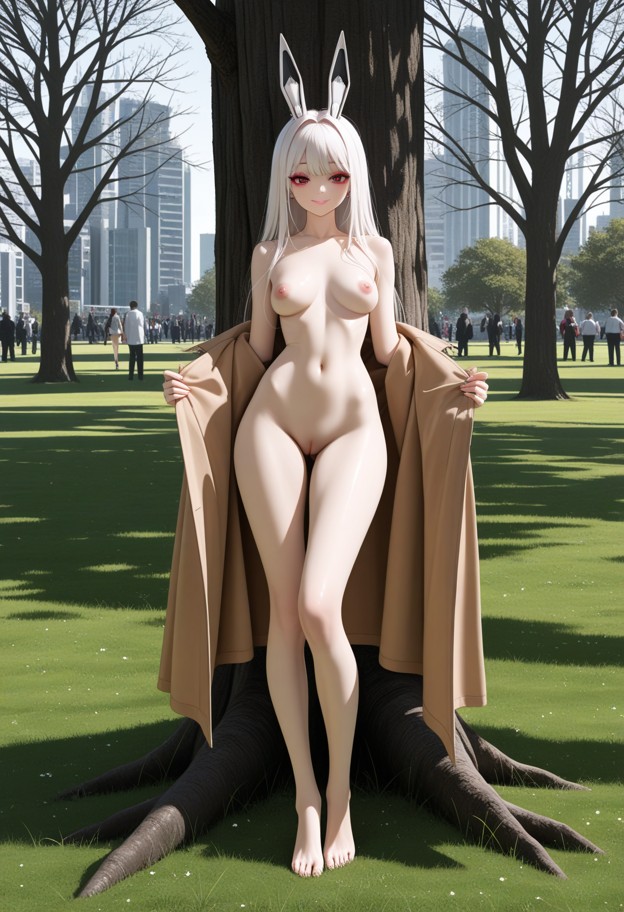 (midnight:1.5),girl kneel down against a big tree in park,solo,open brown trench coat,naked inside spread pussy,grass…
