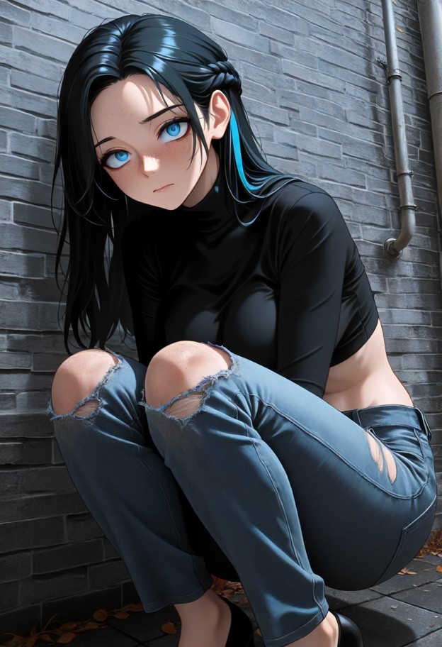 1girl crouched in fear against a dirty brick wall,dirty torn jeans,black crop top,shaking with terror,tear-streaked c…