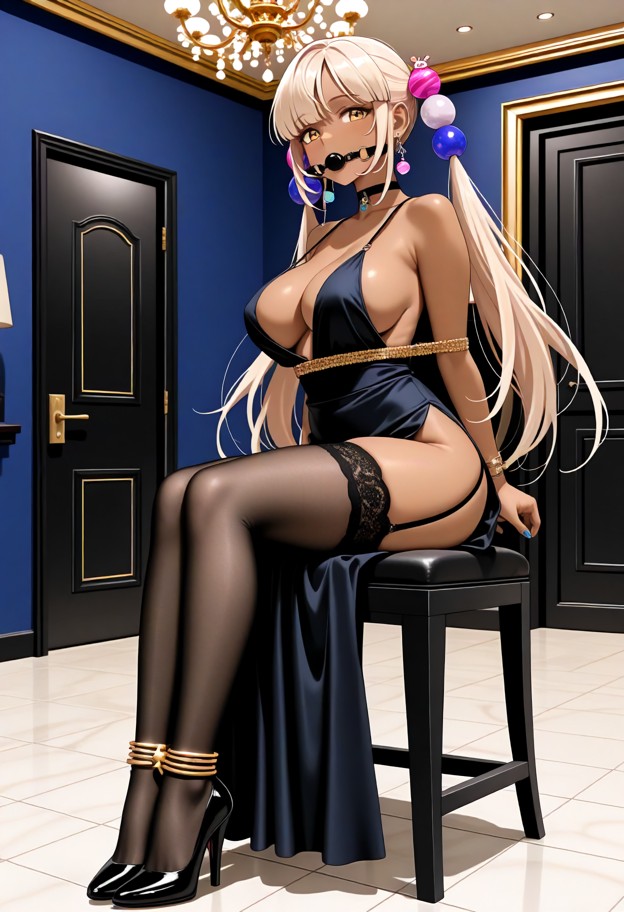 1girl,,breasts,dress,solo,virtual_youtuber,high_heels,thighhighs,black_dress,tail,black_footwear,indoors,full_body,ch…