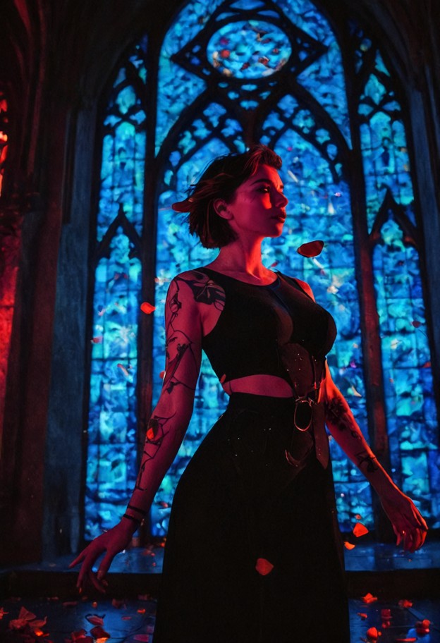 90s vintage anime movie still,cowboy bebop aesthetic,a woman standing 
in a dark cathedral,massive circular stained g…