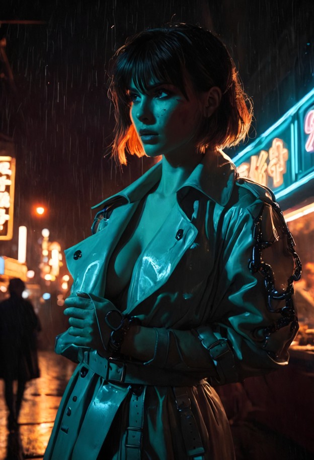 a
 cinematic 1930s-style anime-noir scene. a mysterious woman with a sleek
 bob haircut stands at a dimly lit,smoky s…