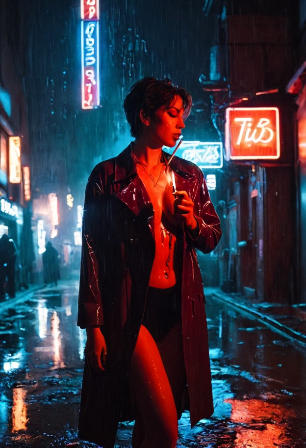 90s vintage anime screencap,cowboy bebop style,a cool woman with short
 hair standing in a dark alleyway on mars,red …