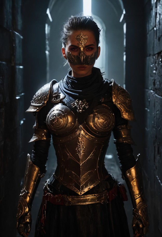 full-body cinematic portrait of a sister of silence standing in a dimly 
lit,ancient corridor of a black ship. she is…