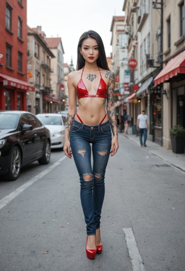 1girl,very slim body,flat chest,slim legs,slim arms,standing,red tower high heels,tight ripped jeans,red tiny latex b…
