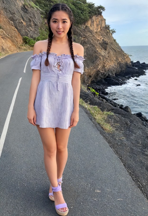 coastal cliffside road,walking along cliffside road,view of the ocean,wearing purple and white stripped ankle strap w…