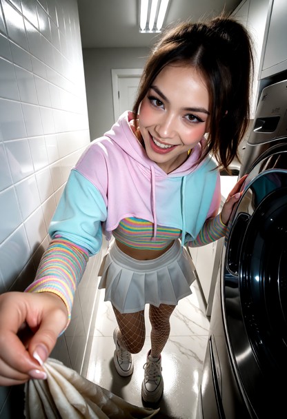 Location: small, brightly lit laundry room with white tiled walls and metallic appliances, where the harsh overhead f…