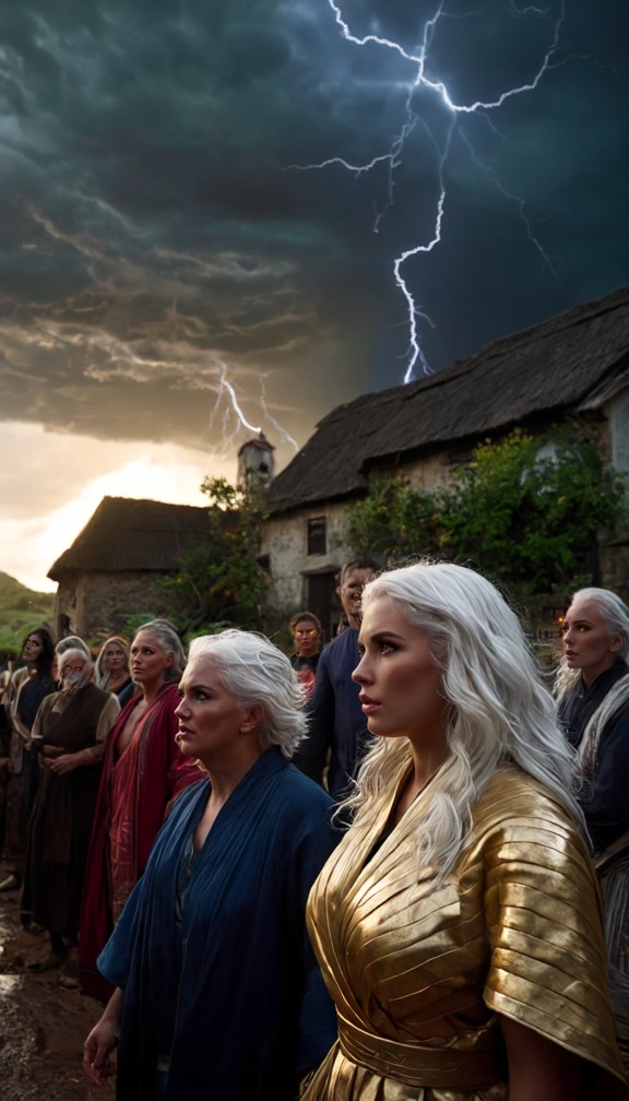 goddess of thunder walking through village gates at dusk,robes trimmed in gold lightning patterns,villagers watching …