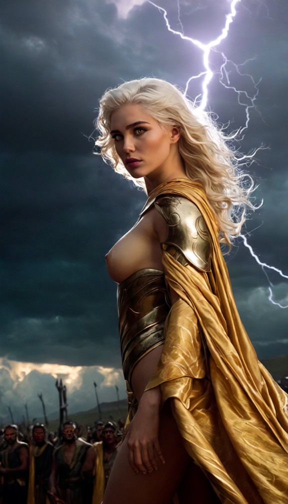 zeus's intense gaze fixed on a lone man in the crowd,lightning flickering faintly in the background,golden draped rob…