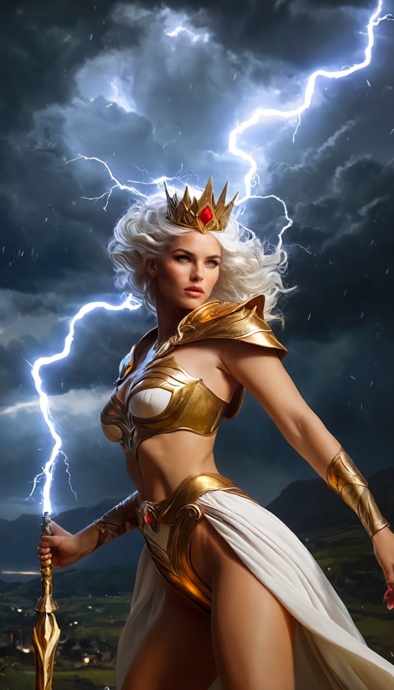 zeus as a powerful goddess descending from storm clouds above a small mortal village,lightning crackling behind her,f…