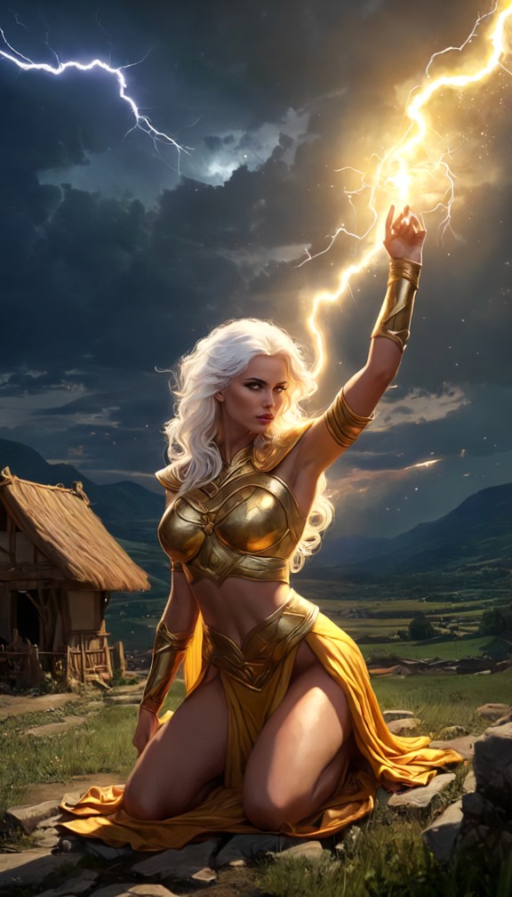 zeus standing before the village with arms raised,lightning bolts streaking across the sky behind her,golden robes gl…