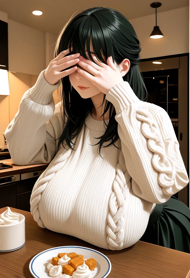 ann is peeking through her fingers at the table,cream knit sweater,dark green cotton skirt,warm kitchen,wooden dining…