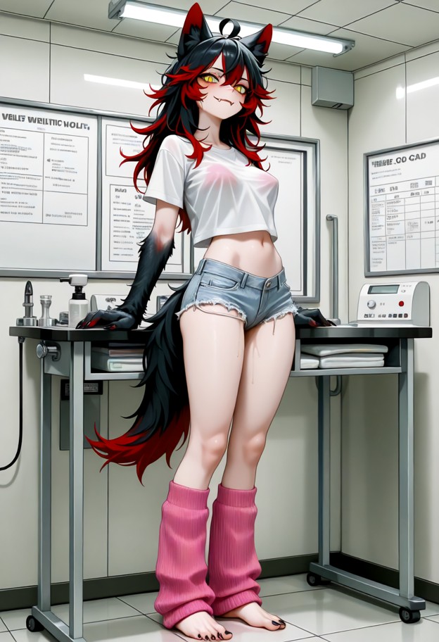 female standing in examination room shifting weight foot to foot with arms wrapped around herself,biting her lip,chee…