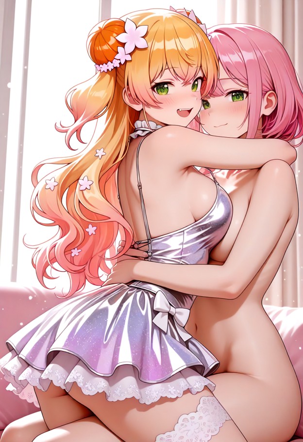 momosuzu nene is burying her face into the viewer's shoulder during a tight hug,sparkly pink silk dress,white lace st…