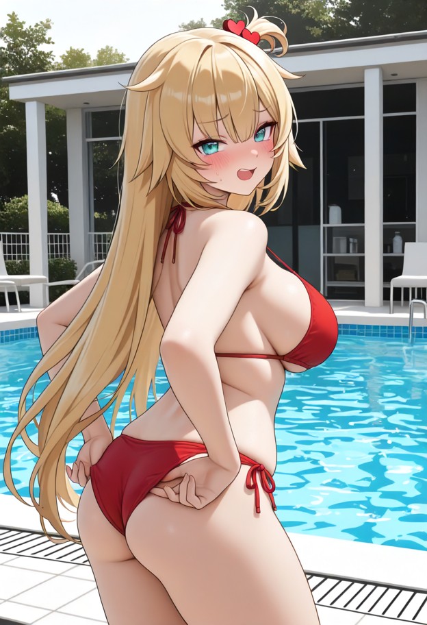 1girl,solo,standing,back to camera,looking back at camera,happy smile,open mouth,blushing,adjusting bikini,red bikini…