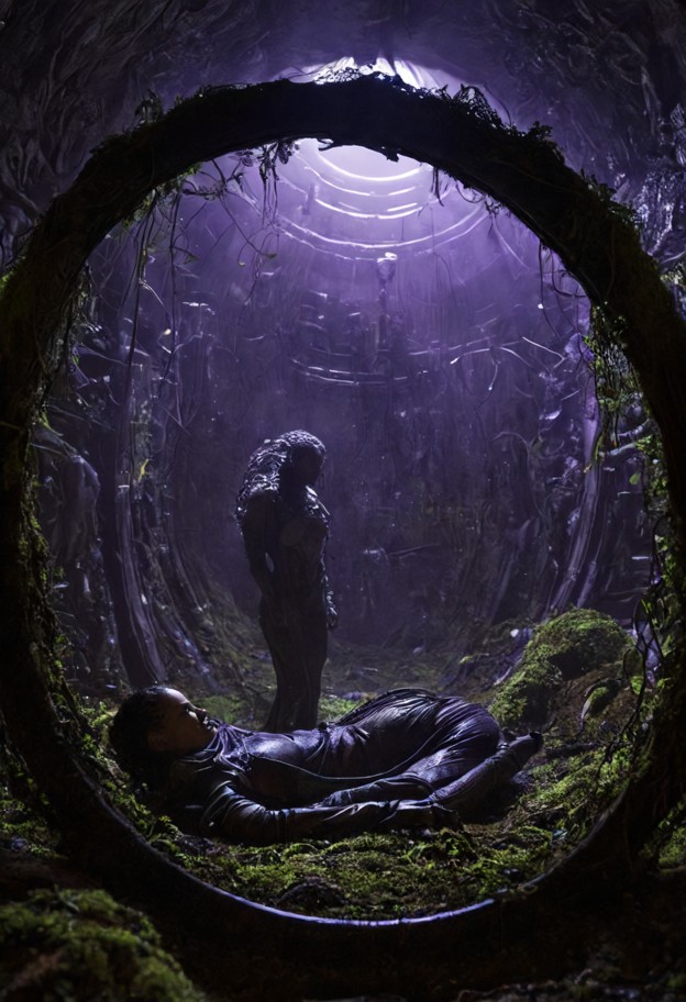 cinematic wide shot of a dark sci-fi bio-organic hive chamber,strong depth and clear spatial separation
primary subj…