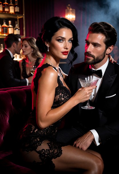 A high-end cinematic photograph of an elegant couple in a luxurious, dimly lit swinger lounge. In the foreground Mary…