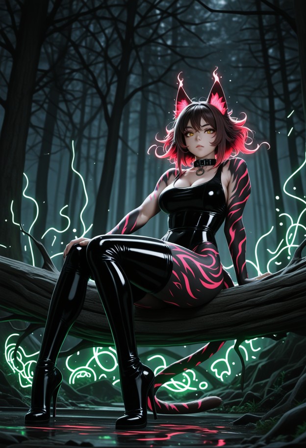 a dramatic vertical portrait of a woman sitting on a dark fallen 
log in the middle of a pitch-black night forest. he…