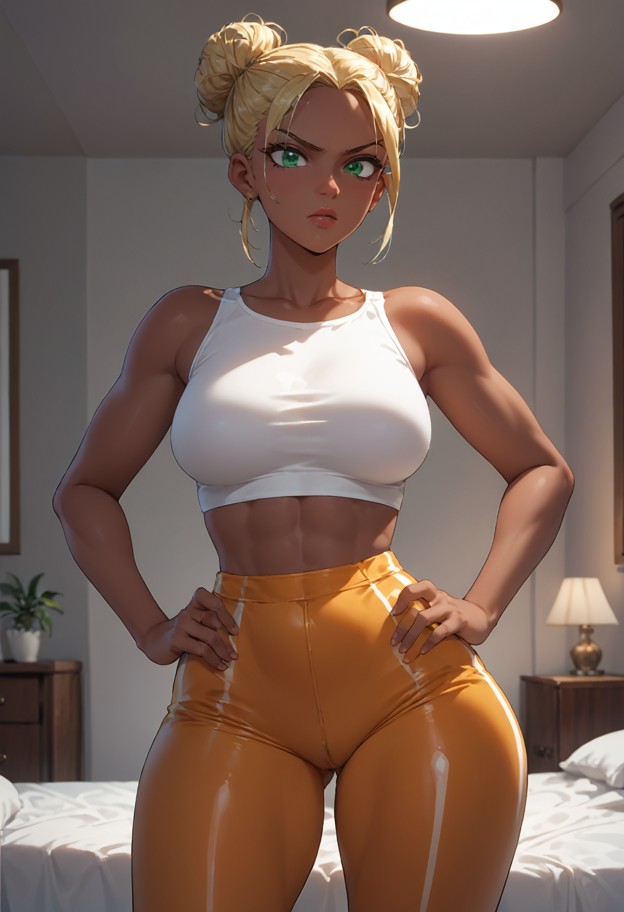 she is standing in the middle of a room,hands on hips,angry,tight crop top,tight shorts,small isolated room,grey wall…