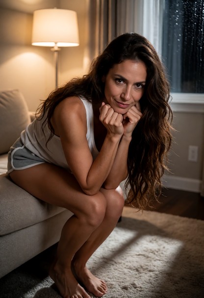 Location: cozy living room at night, with the soft glow of a floor lamp casting warm light across the rug and shadows…