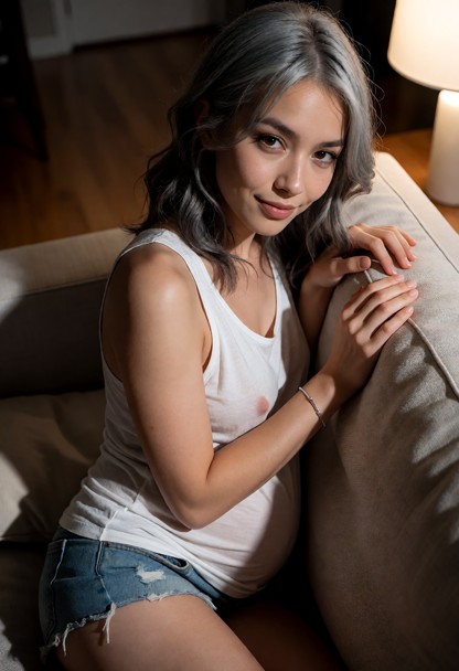 Location: evening in a dim living room with soft, warm light from a nearby lamp casting gentle shadows across the woo…