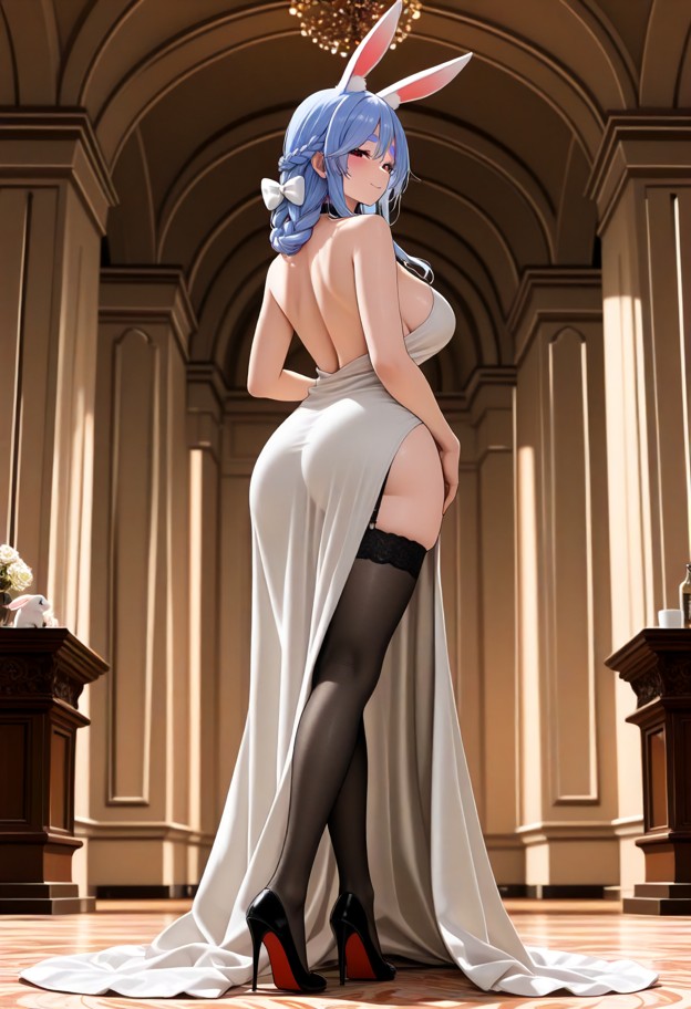 she is is wearing an evening dress with a slit,evening dress,stockings,stiletto heels,ballroom,full body,low angle,so…