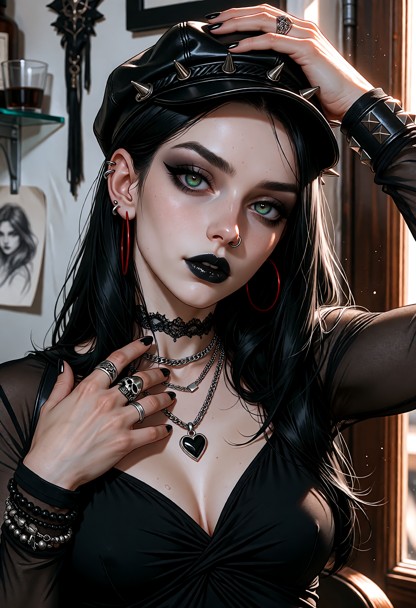 An extreme photorealistic fine art picture, raw photography style. Seraphina: A beautiful petite adult goth woman, de…