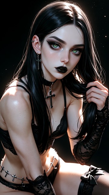 An extreme photorealistic fine art picture, raw photography style. Seraphina: A beautiful petite adult goth woman, de…