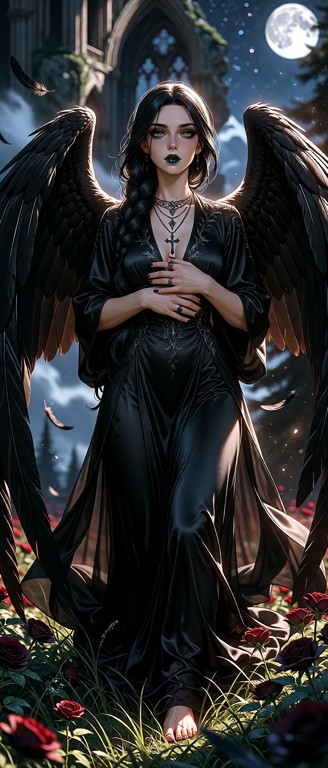 A highly detailed photorealistic image. The moonlight creates a luminous rim of light around Seraphina's hair and edg…