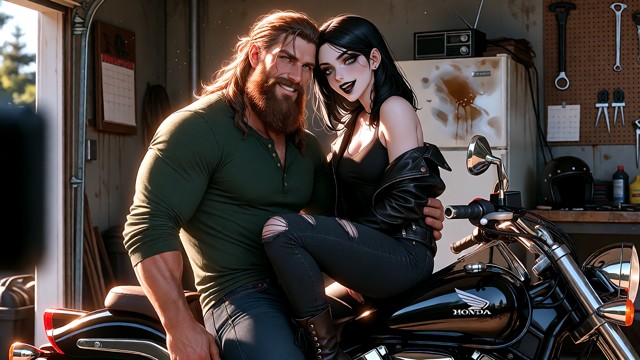 A highly detailed photorealistic image. The sunlight creates a luminous rim of light around Seraphina and Jim's hair …