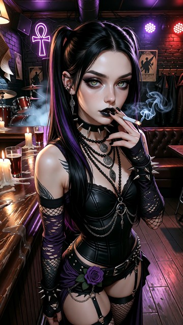 An extreme photorealistic fine art picture, raw photography style. Seraphina: A beautiful petite adult goth woman, de…