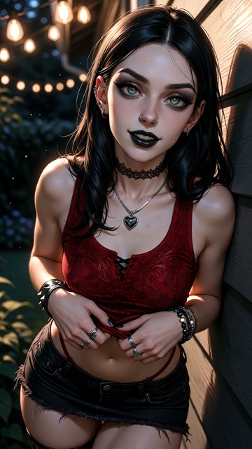 An extreme photorealistic fine art picture, raw photography style. Seraphina: A beautiful petite adult goth woman, de…