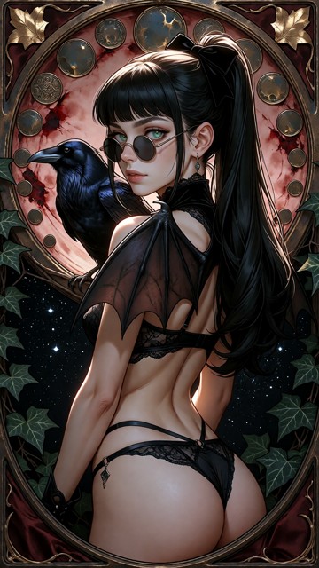 A whimsical, dreamlike Art Nouveau illustration of a goth woman wearing costume bat wings, woman seen from behind, fr…