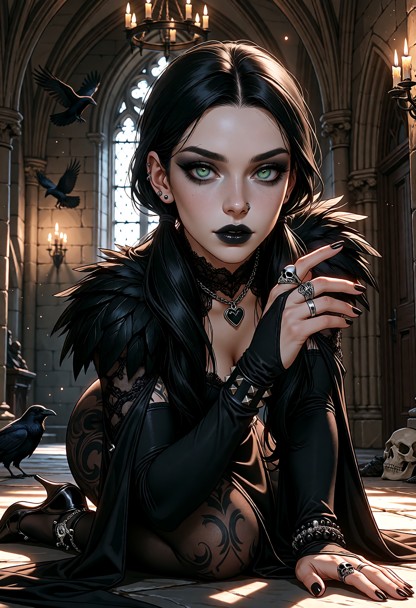 An extreme photorealistic fine art picture, raw photography style. Seraphina: A beautiful petite adult goth woman, de…