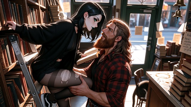 A highly detailed photorealistic image. The sunlight creates a luminous rim of light around Seraphina and Jim's hair …