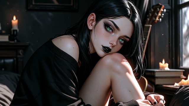 Seraphina: A beautiful petite adult goth woman, delicate feminine features, porcelain-pale skin, heart-shaped face, s…