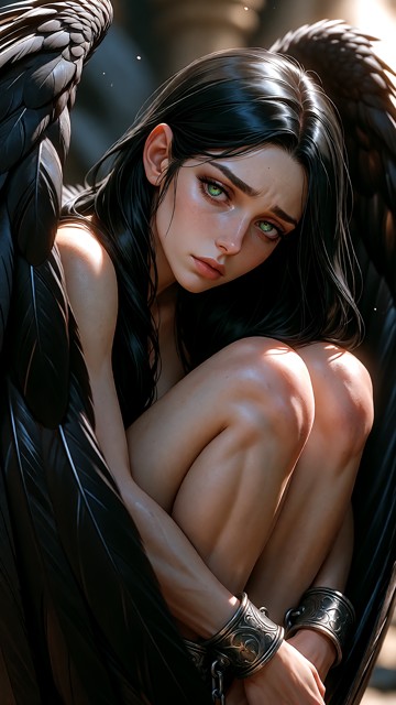 A young woman floating gently in a fetal position as a fallen angel, her large angel wings with deep black and silver…
