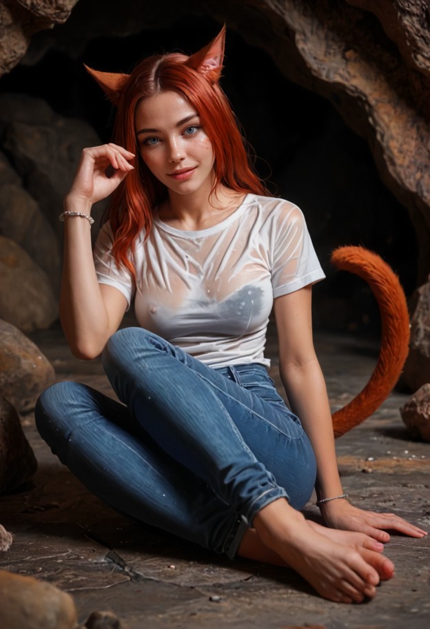 sereya sits on a bedroll in a cave,happy,soaked white linen shirt,unzipped blue denim jeans,silver protection bracele…