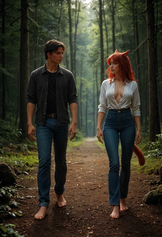 sereya is leaning against a man on a forest path,partially unbuttoned white linen shirt,unzipped blue denim jeans,bar…