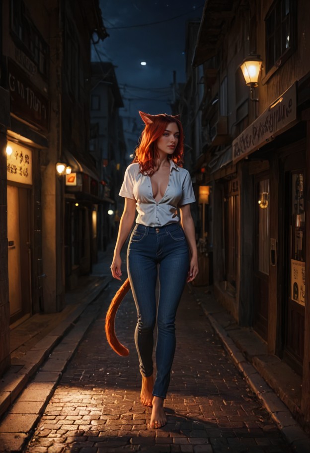 sereya collapses on her knees in a cobblestone street,partially unbuttoned white linen shirt,unzipped blue denim jean…