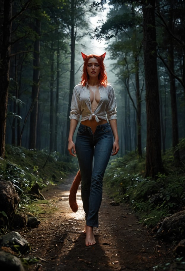 sereya is collapsing against a man in a dark forest,partially unbuttoned white linen shirt,unzipped blue denim jeans,…