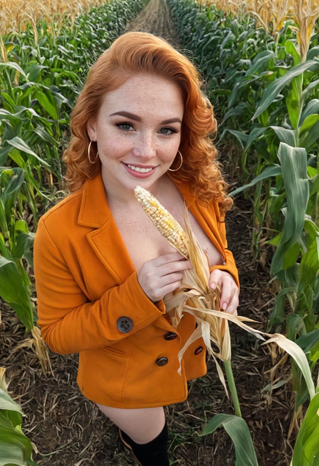 1girl walking through corn maze,beige and yellow dress,orange jacket,hand touching corn stalk,full body shot,cornfiel…