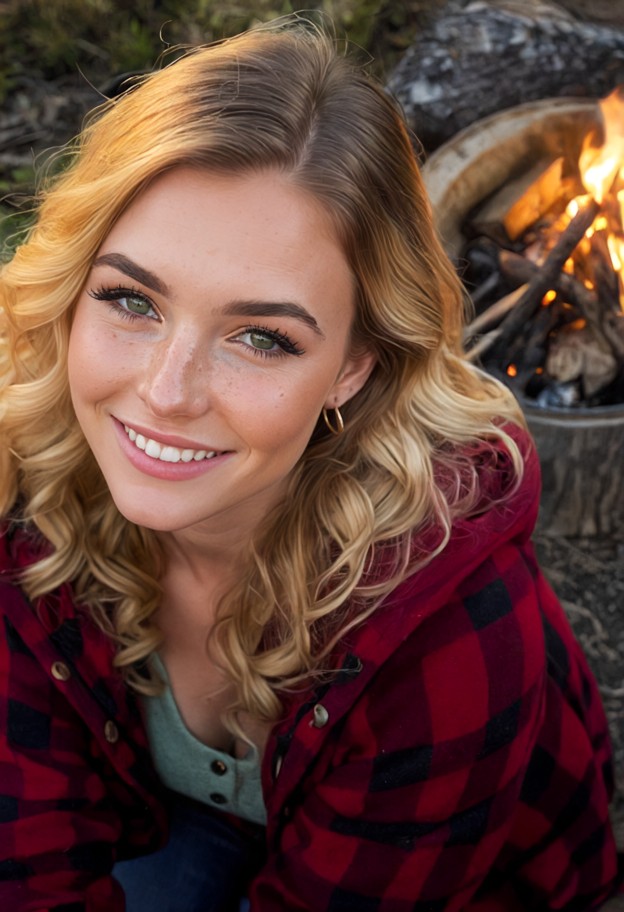 pov,sitting on log,snuggling up to viewer,snuggling someone out of frame,dynamic pose,serene smile,red flannel jacket…