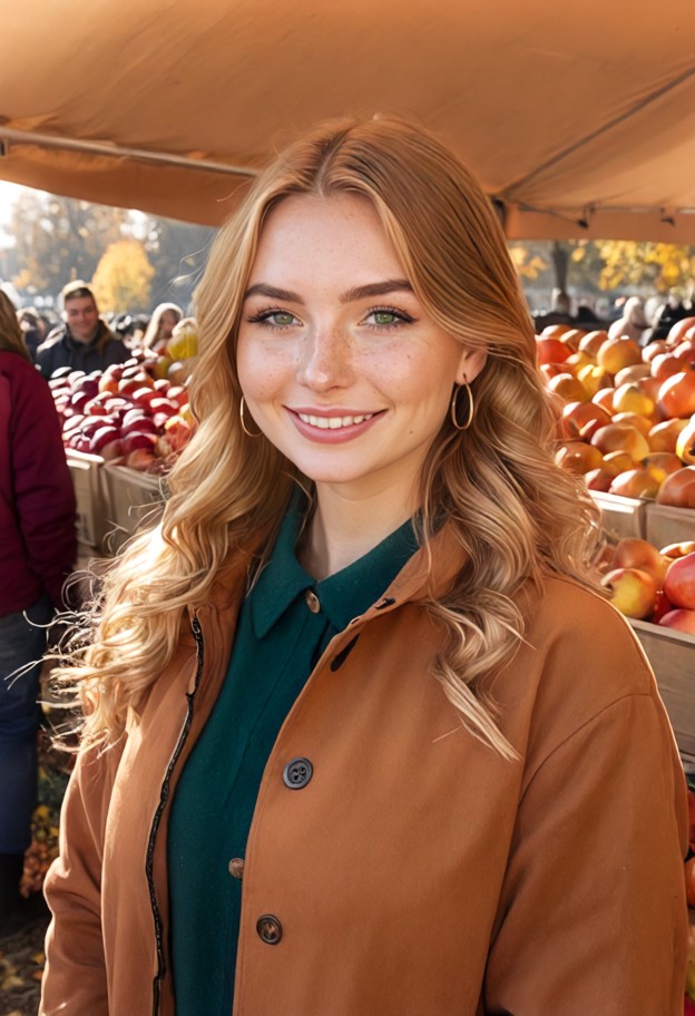 standing,smile,fashionable autumn clothing,at a vendor tent,holding one apple,autumn market,autumn orange colored jac…