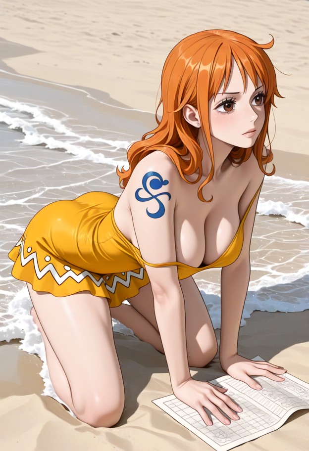 1girl kneeling on white sandy beach,bare breasts exposed,yellow dress hanging off shoulders,short dress,skirt flutter…