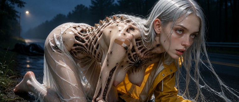 A haunting, cinematic wide-angle shot of the spider-hive woman walking down the side of a lonely, dark highway at twi…