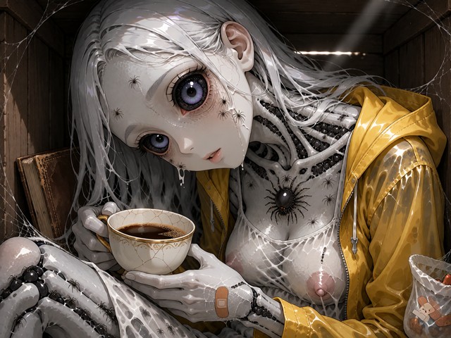 A hyper-detailed, cinematic dark fantasy macro photograph of a female corpse-puppet controlled by a spider hive. The …