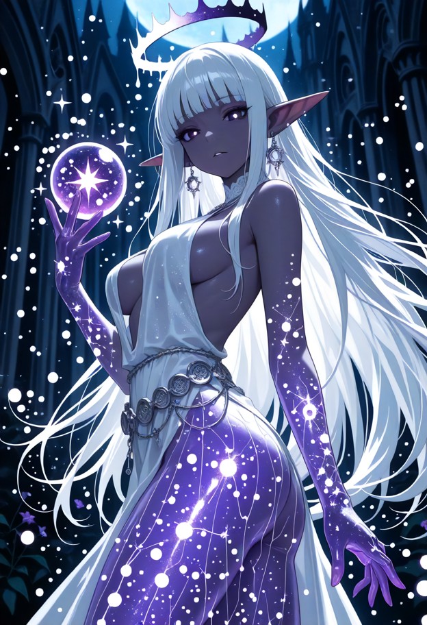 anime-style,dynamic close-up of one girl in an outdoor flowery garden at night,tall cathedral in the background. dyna…
